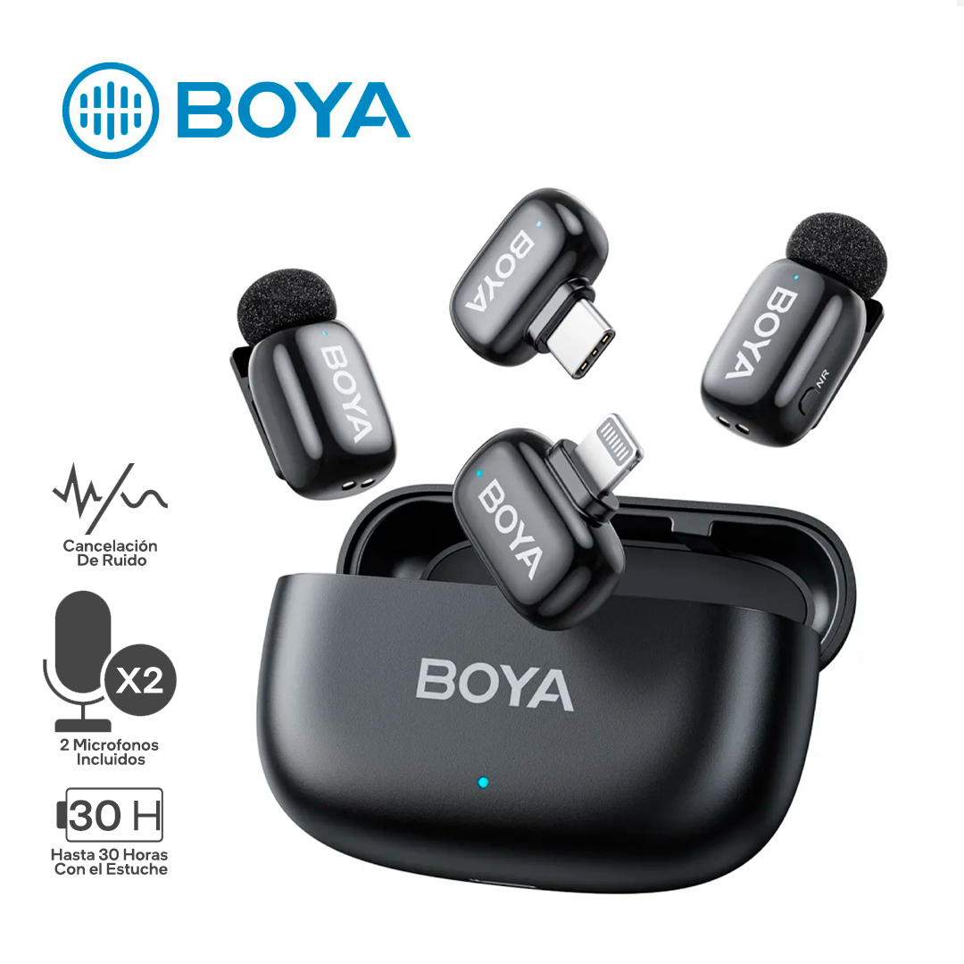 BOYA MINI 12 / MICROFONO INALAMBRICO / 2 MICROFONOS / 100M DE ALCANCE / CANCELACION DE RUIDO NIVEL 3 / USB C / LIGTHNING_0