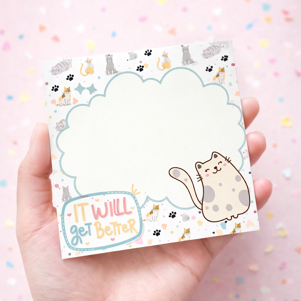 Mini Cat Memo Pad – “It Will Get Better” | Cute Aesthetic Notepad_1