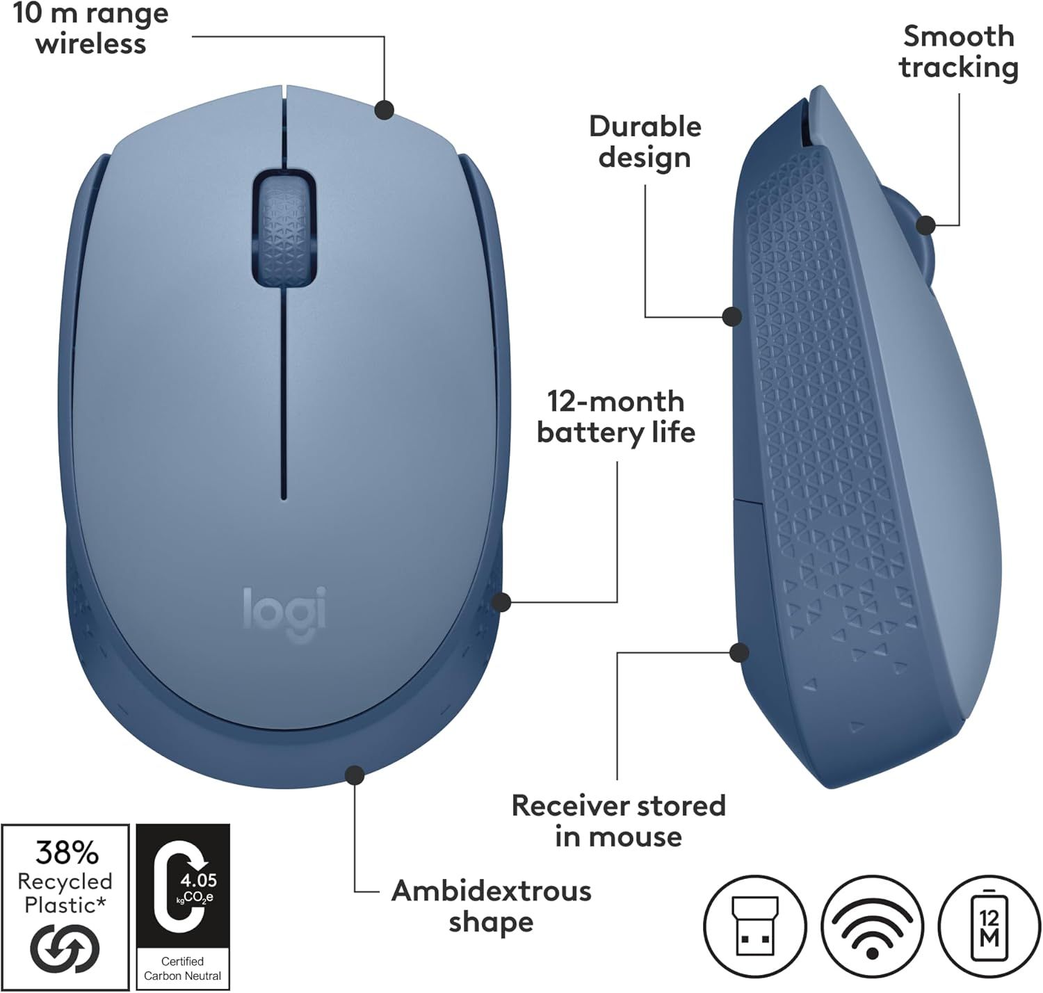 LOGITECH M170 / 1000 DPI / 3 BOTONES / WIRELESS USB / INALAMBRICO / BLUE_7