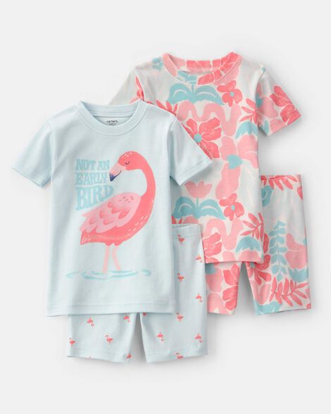 Toddler Girl Flamingo 100% Cotton Short-Sleeve Snug Fit 4-Piece PJ Set_0