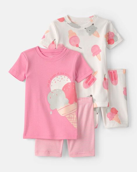 Toddler Girl Ice Cream 100% Cotton Short-Sleeve Snug Fit 4-Piece PJ Set_0