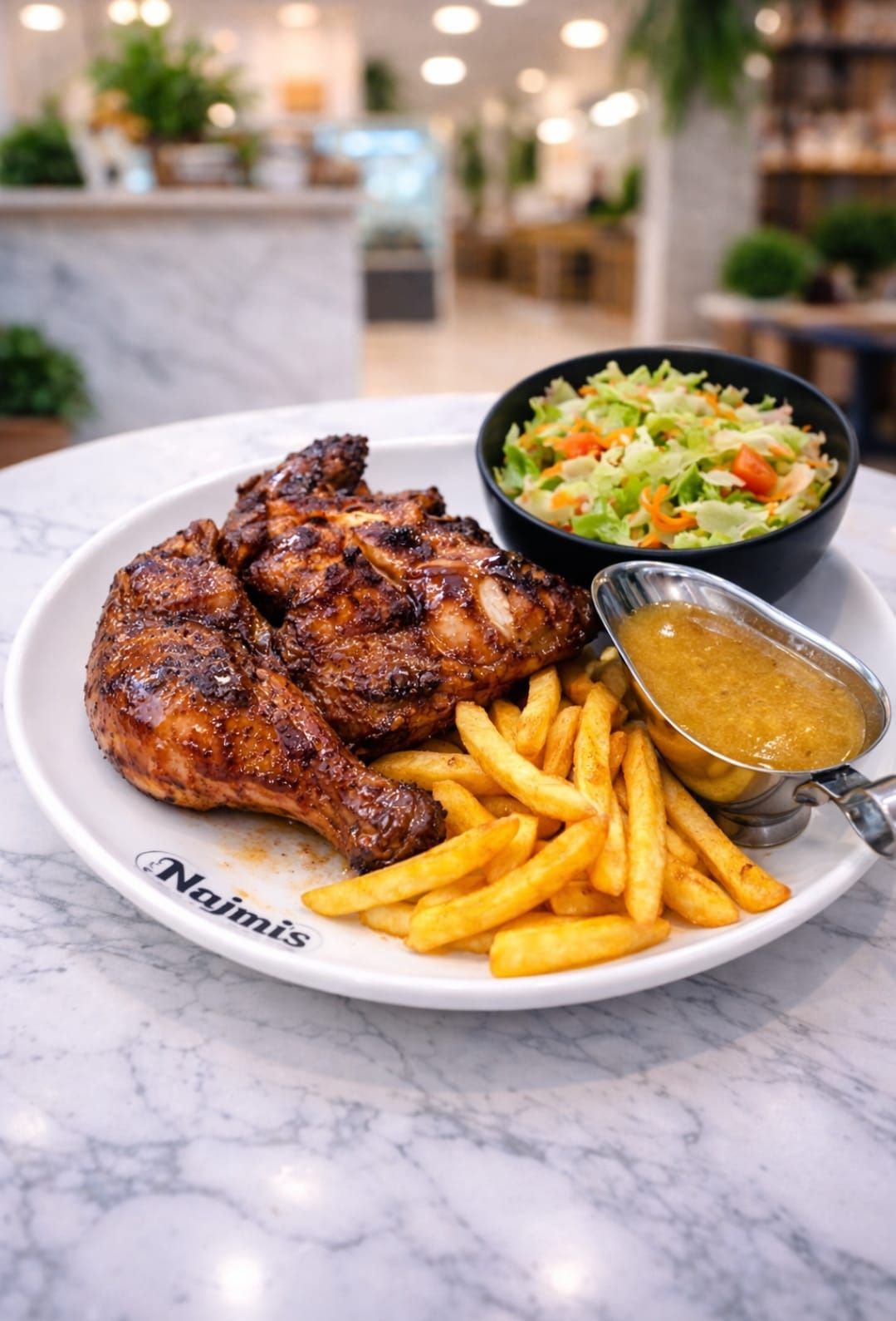 Chicken tikka half leg with fries and salad (N)_0