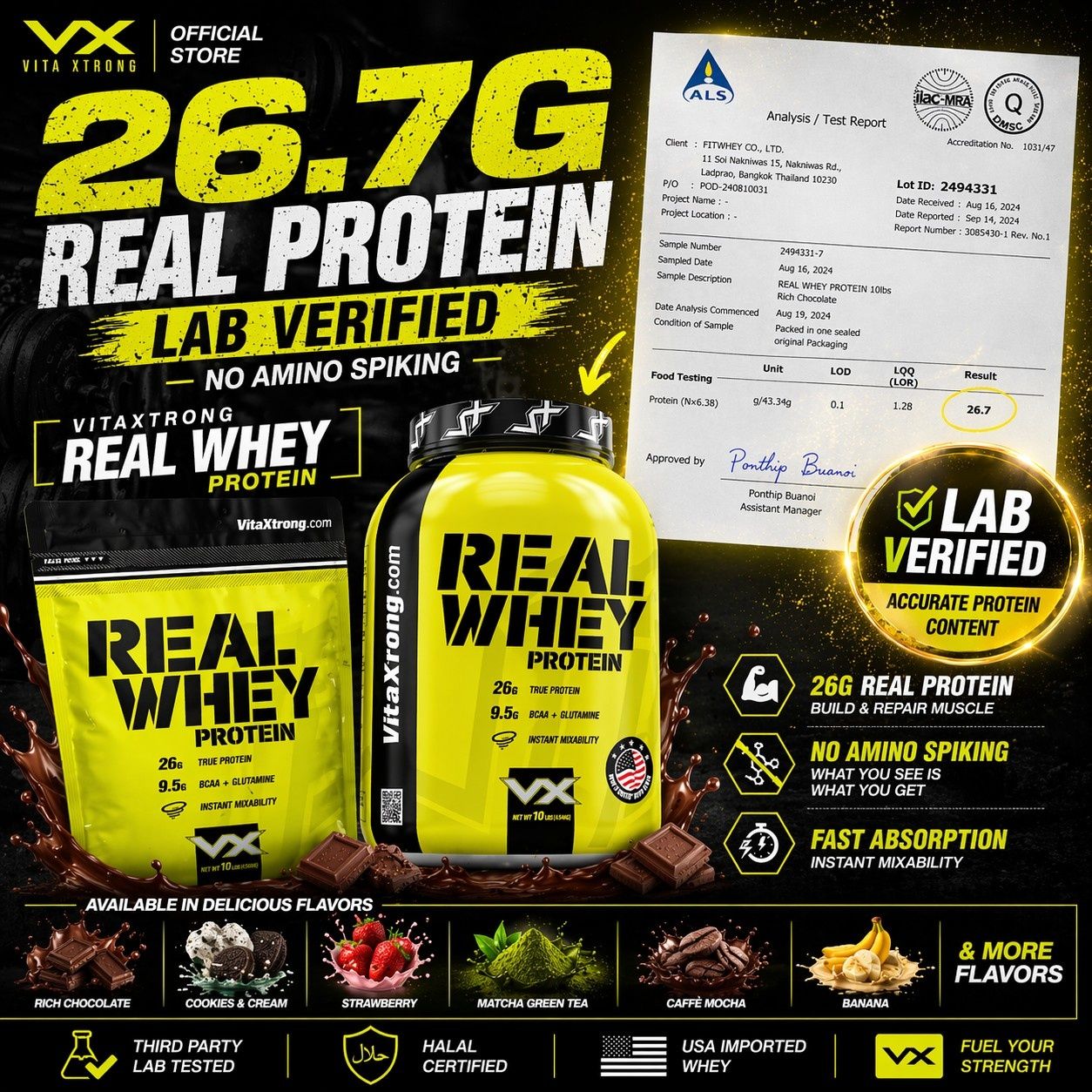 VITAXTRONG™ Real Whey Protein (2lbs/1kg) — Designed for Performance & Recovery | Lab-Tested • No Amino Spiking | Lean Muscle Growth_0