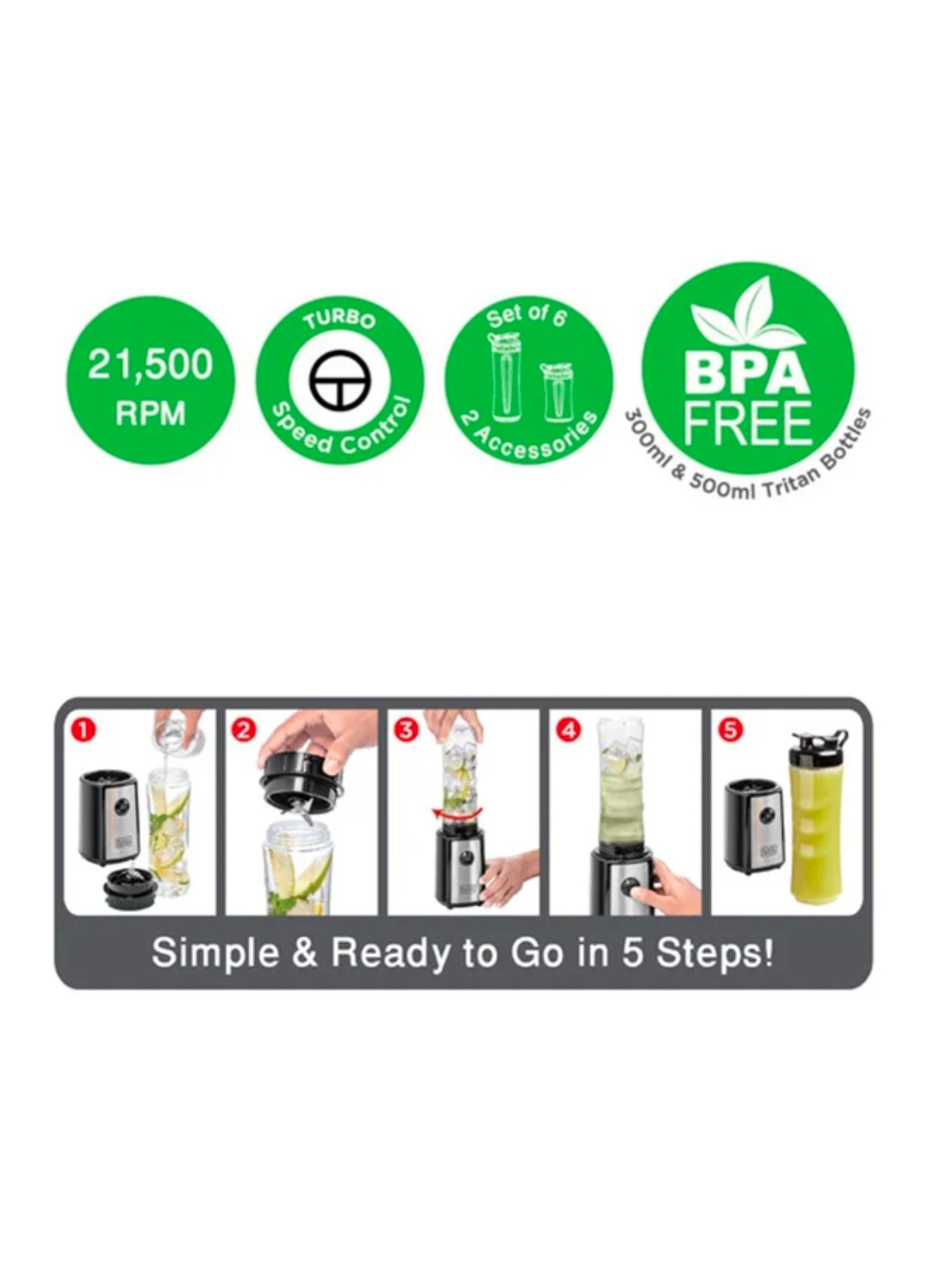 BLACK + DECKER Sports Blender/Smoothie Maker, 6-Piece Set with 500ml & 300ml BPA-Free Sports Bottles_5