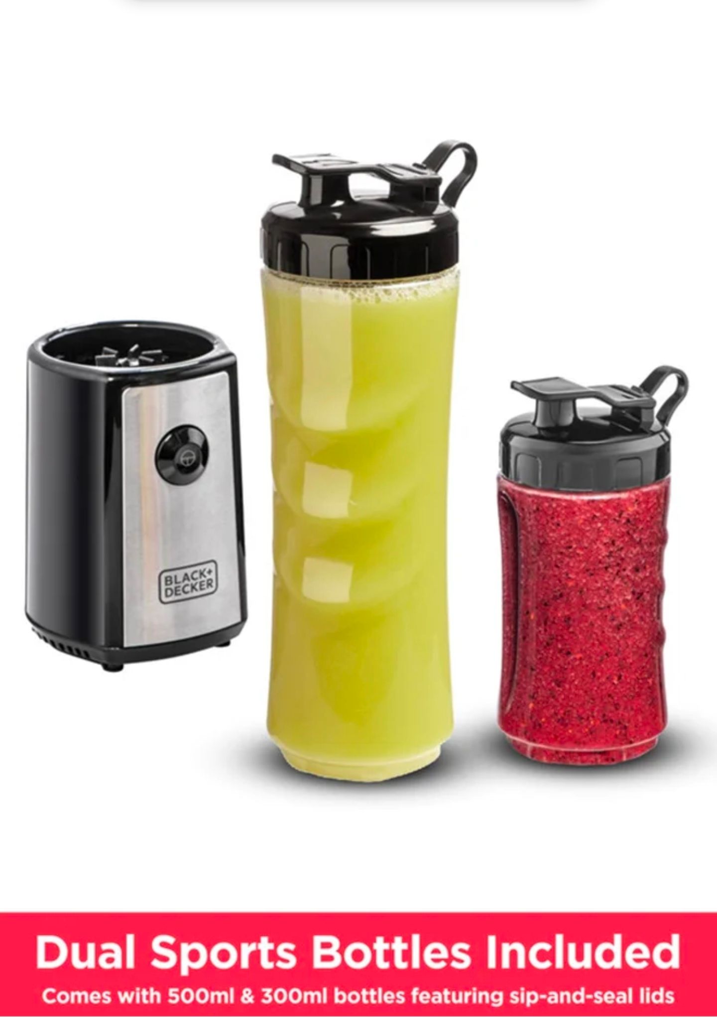 BLACK + DECKER Sports Blender/Smoothie Maker, 6-Piece Set with 500ml & 300ml BPA-Free Sports Bottles_1