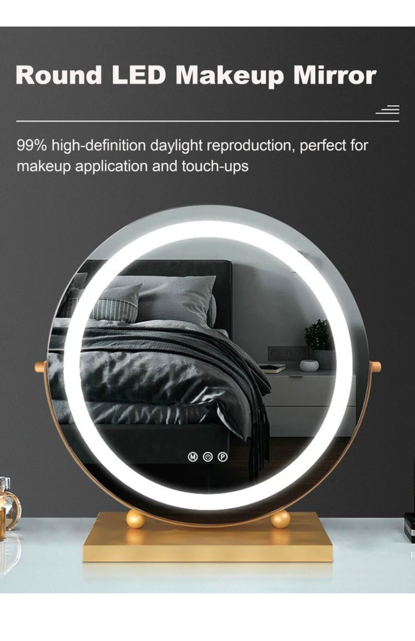 Round LED Lighted Up Makeup Mirror, Touch Sensor with 3-Color Lighting Dimmable _3