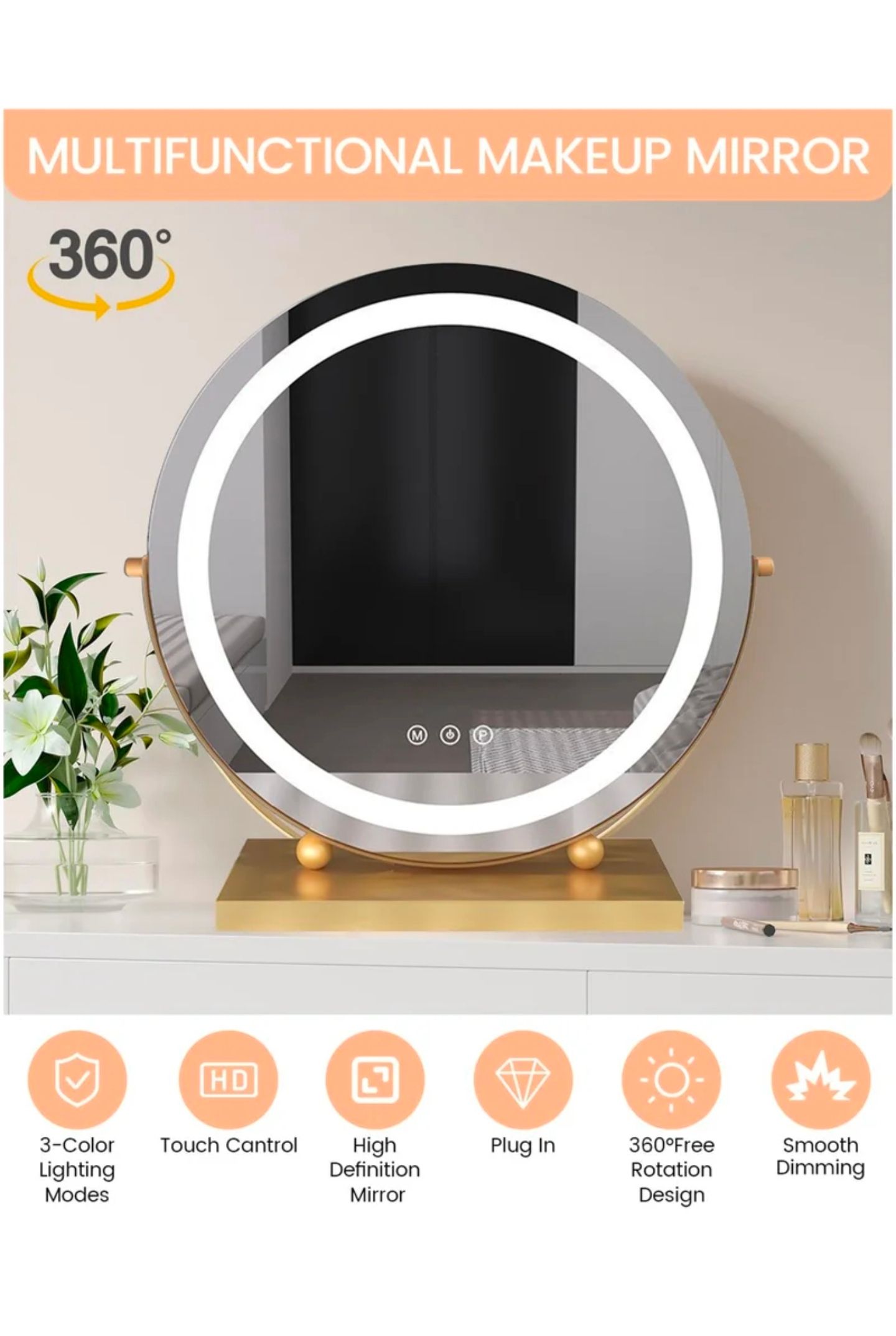 Round LED Lighted Up Makeup Mirror, Touch Sensor with 3-Color Lighting Dimmable _2
