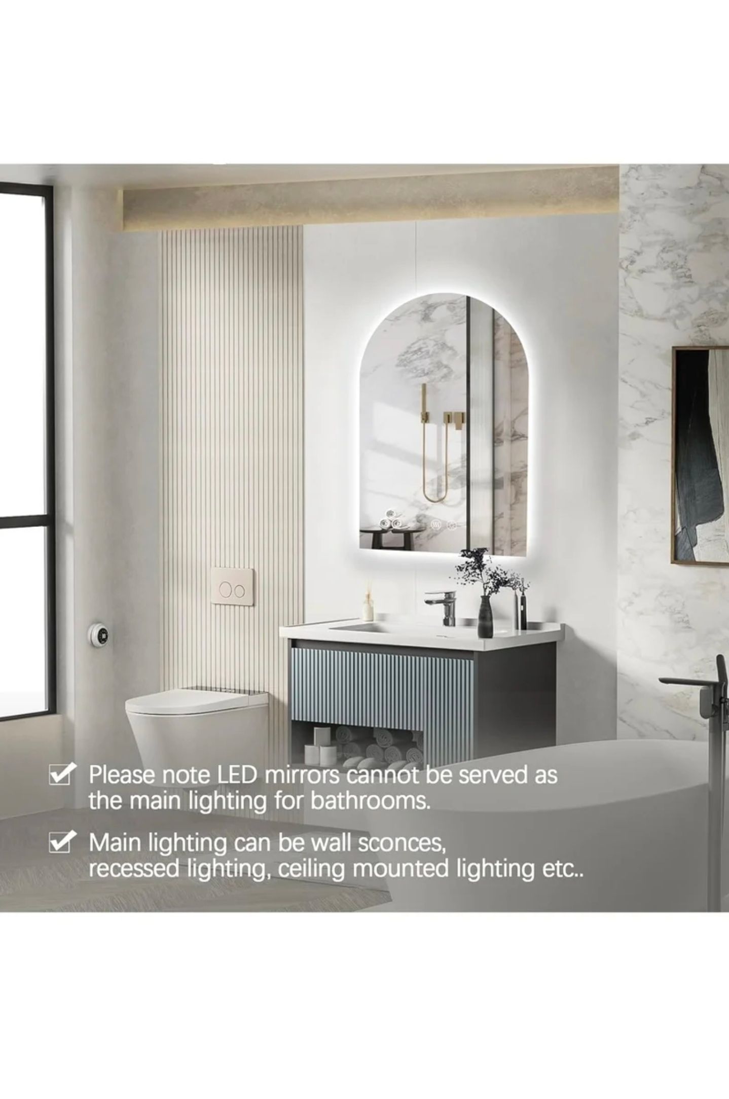 Arched LED Bathroom Mirror, Frameless Arch Backlit Wall Mirror, Lighted Vanity Mirror with 3 Color Temperature Adjustment, Anti-Fog_2