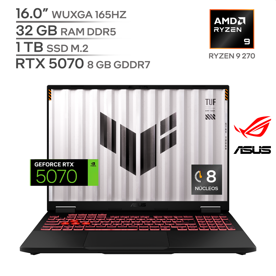 ASUS TUF GAMING A16 FA608UP A16 / RYZEN 9 270 / RTX 5070 8 GB / 32 GB DDR5 RAM / 1 TB SSD Nvme M.2 / 16.0" FHD 165HZ / WINDOWS 11_0