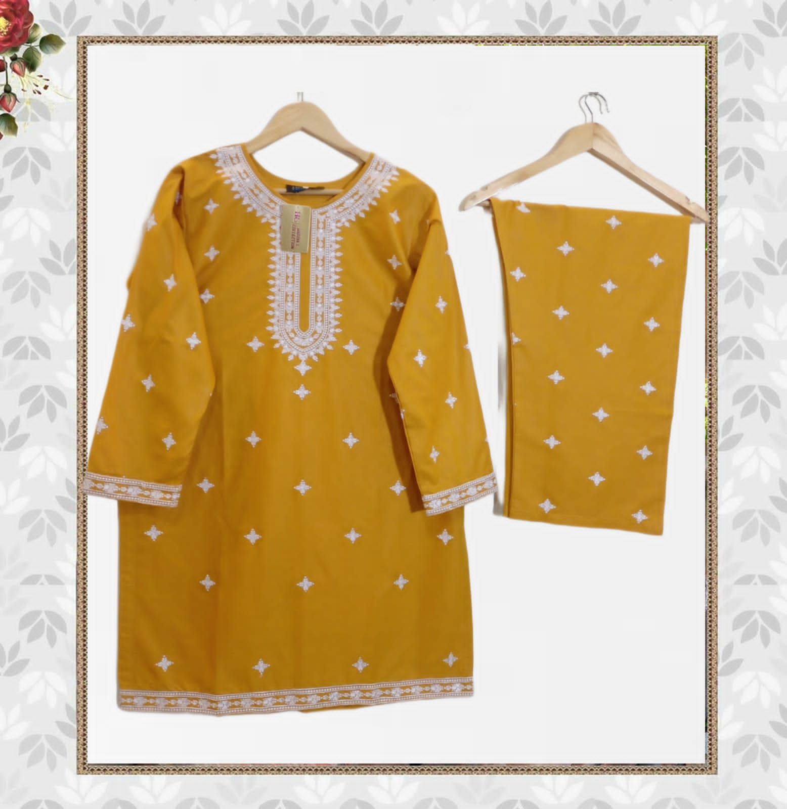 *COTTON EMBROIDERED MUSTARD AND ZINK COLOUR 2PCS SUIT BY HADIYA'S COLLECTION ✨*  SHIRT: COTTON EMBROIDERED  TROUSER: COTTON EMBROIDERED FLAPPER  *SIZE MEASUREMENTS*  *MEDIUM* CHEST 21 SHOULDER 14.5 ARMHOLE 09 SLEEVES LENGTH 20.5 HIPS 22.5 SHIRT LENGTH 35.5 TROUSER LENGTH 38 THIGHS 14.5 BOTTOM 10.5  *LARGE* CHEST 23 SHOULDER 15.5 ARMHOLE 10 SLEEVES length 21.5 HIPS 23.5 SHIRT LENGTH 35 TROUSER LENGTH 39 THIGHS 15 BOTTOM 11  _0