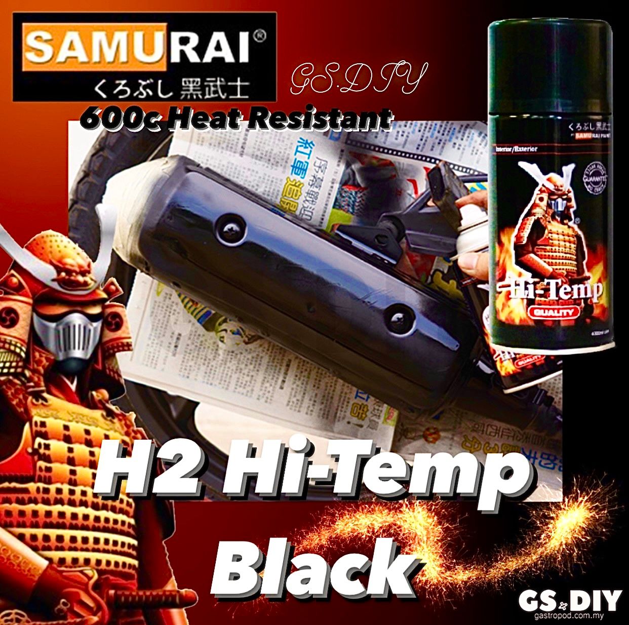 SAMURAI H2 Hi-Temp Black 600°c Heat Resistant Spray Paint🔥 Motor Spray Exhaust Tahan Panas Cat Motor 300ml_1