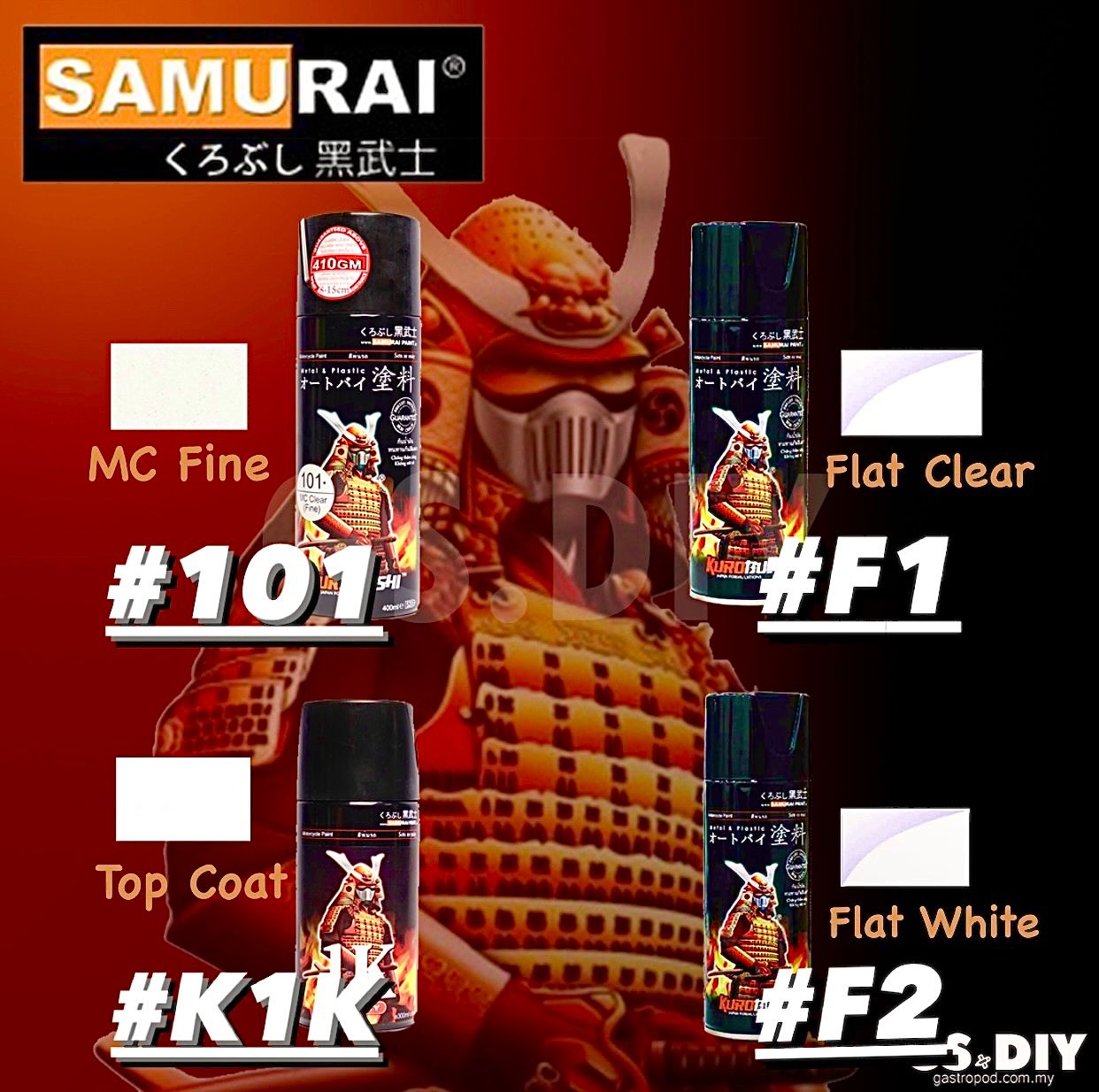 SAMURAI Spray Paint Flat Colour [Matte] & Top Coat (#F1*Flat Clear/ #F2*White/ #101 MC Clear(Fine)/ #Top Coat K1K)_2