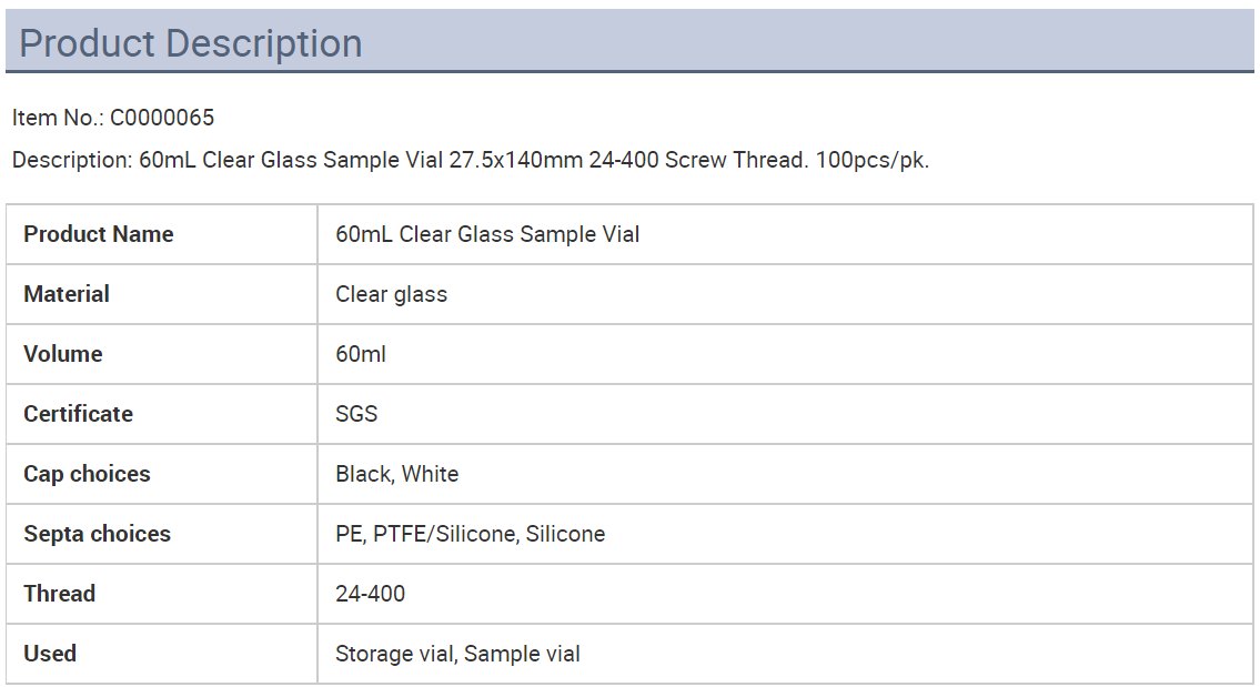 60ML CLEAR GLASS SAMPLE VIAL (27.5 X 140MM) 24-400 SCREW THREAD (PACK OF 100)_1