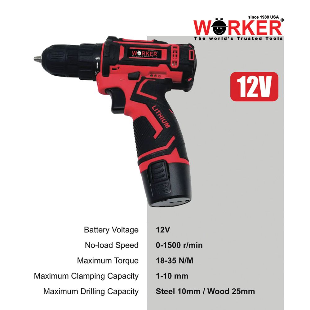  WORKER 12V Cordless Drill Set Red_0