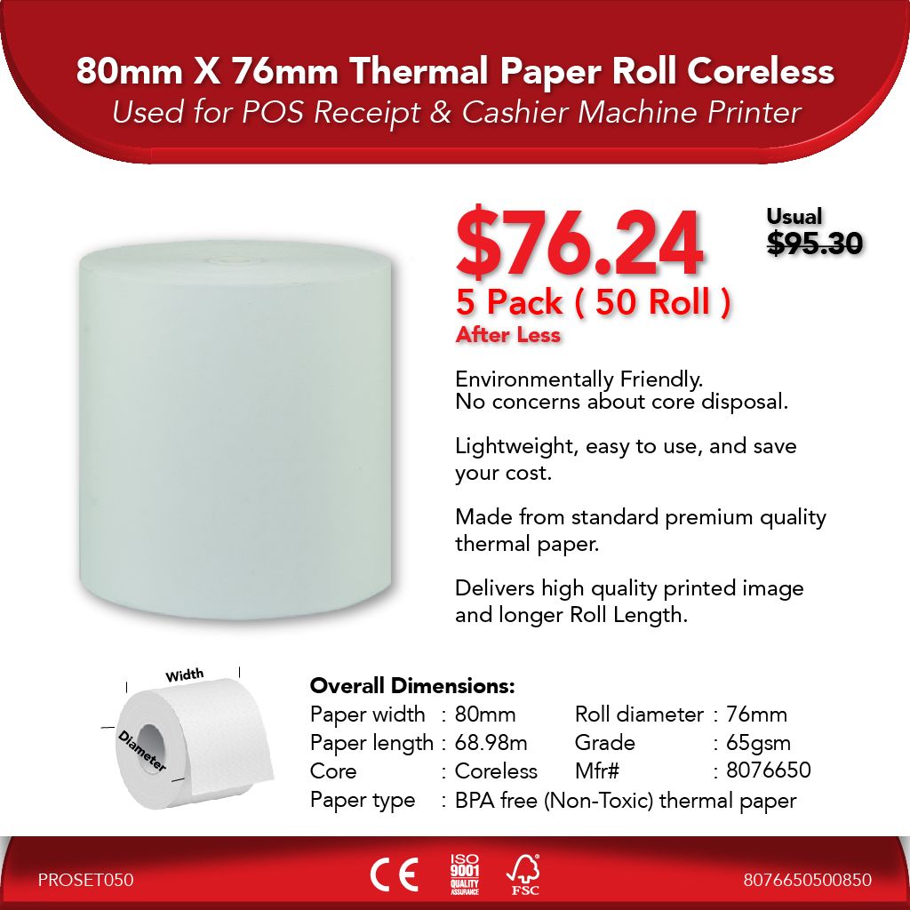 80mm X 76mm 65gsm Thermal Paper Roll Coreless_2