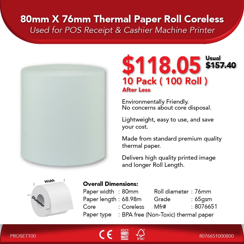 80mm X 76mm 65gsm Thermal Paper Roll Coreless_1