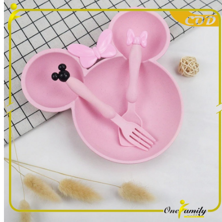 Piring Makan Anak Karakter Miki Set Sendok Garpu / Mangkok Makan Wheat Straw / Tempat Makan Anak Set / Mangkuk_4
