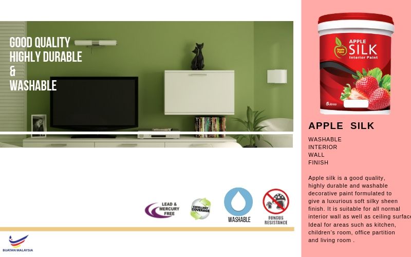 APPLE Silk Washable Interior Wall Finish🎨 1L& 5L Smooth Sheen Paint /Glossy Interior Paint 珍珠漆 (Price onward)_5