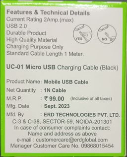 ERD UC-01 Micro USB Cable Black 1 Meter With GST Bill