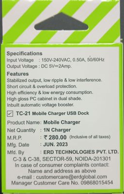 ERD TC-21 2Amp. Mobile Charger (USB Dock Only) White Color