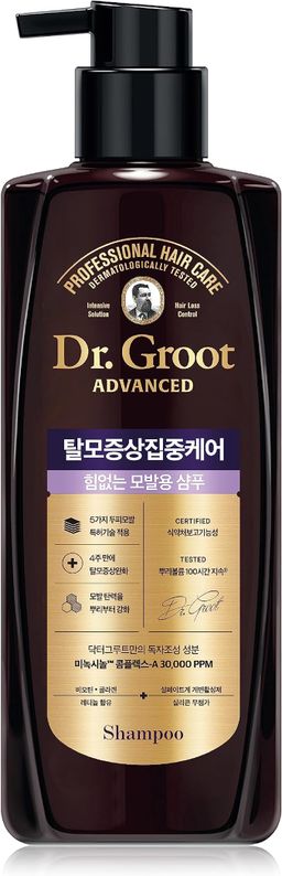 Dr. Groot Intensive Care soch to'kilishini nazorat qiluvchi va ingichka sochlar uchun hajm beruvchi shampun LG Beauty (400 ml/13,53 fl oz) - Soch to'kilishi va qalinlashishi. Biotin, kollagen va retinol.
