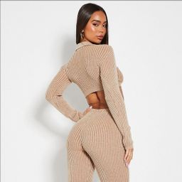I Saw It First Ladies - Two Tone Rib Open Collar Knit Rib Crop Top   