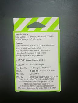 ERD TC-21 2Amp. Mobile Charger with Type-C Cable