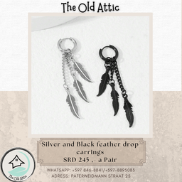 Silver & Black  feather  drop Earrings 