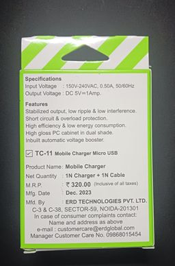 ERD TC-11 1Amp. Mobile Charger with Micro USB Cable