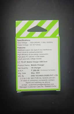 ERD TC-21 2Amp. Mobile Charger (USB Dock Only) Black Color