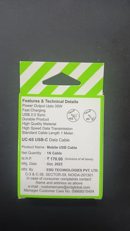 ERD UC-65 Flat Type C Cable 1 Meter upto 35W -  White