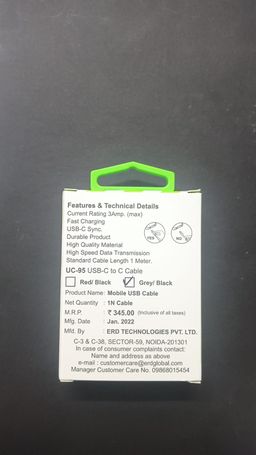 ERD UC-95 USB - C to C Metal Casing Braided Cable 1 Meter Grey/Black