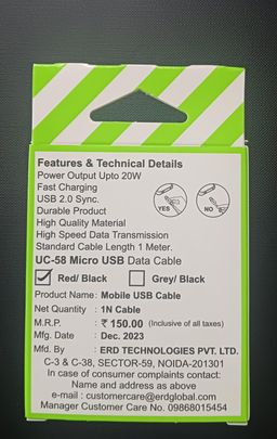ERD UC-58 Braided Micro USB Cable 1 Meter Cable Upto 20W (Red/Black)