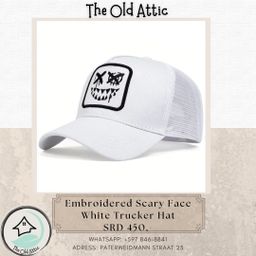 Embroidered scary face white trucker hat 