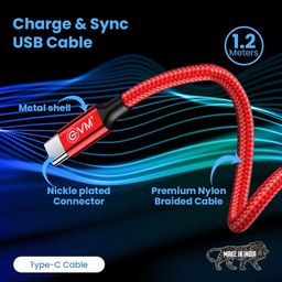 EVM Type-C 1.2 Meter Data Cable (Metal Head Nylon Braided Cable) Red Color