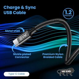 EVM Type-C 1.2 Meter Data Cable (Metal Head Nylon Braided Cable) Black Color