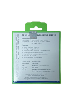 ERD TC-131 20W Type-C Port Fast Charger (PD Charger Dock Only, White)