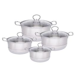 J 4228. 4 Pot Set with Glass Lids. Condere 8pcs Stainless Steel Pot Set.
