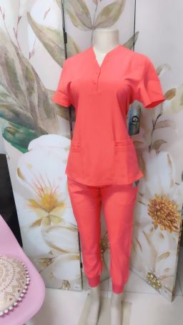 SUNSET CORAL BUTTON DOWN SCRUB TOP