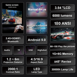 Tripsky T2mini Portable Projector 1GB RAM 8GB ROM 4K 2.4G+5G Wifi Android 9.0 OS 180 ANSI Lumen Projectors