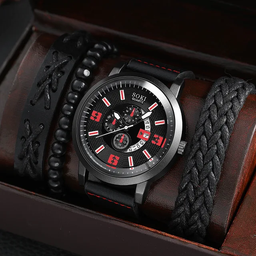 6272 4 pcs/Set Casual Leather Strap Number Date Quartz Wristwatch Man Simple Sport Style Male Clock
