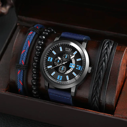 6272 4 pcs/Set Casual Leather Strap Number Date Quartz Wristwatch Man Simple Sport Style Male Clock