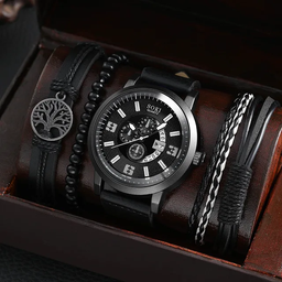 6272 4 pcs/Set Casual Leather Strap Number Date Quartz Wristwatch Man Simple Sport Style Male Clock