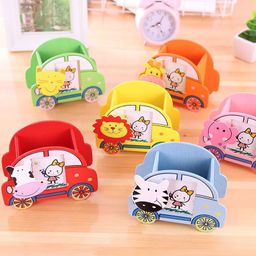 Wooden cartoon car shaped pen holder