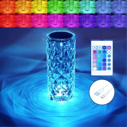 Crystal Touch Night Light (16 Colors) - Rose Diamond Table Lamp with Remote Control,