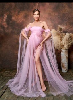 Maternity Off Shoulder Extra-Long Sleeve Flower Trim Mesh Overlay Tube Prom Party Photography Dress