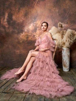 Maternity Cold Shoulder Ruffle Trim Mesh Dress