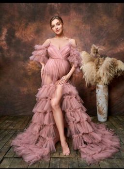 Maternity Cold Shoulder Ruffle Trim Mesh Dress