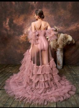 Maternity Cold Shoulder Ruffle Trim Mesh Dress