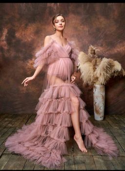 Maternity Cold Shoulder Ruffle Trim Mesh Dress